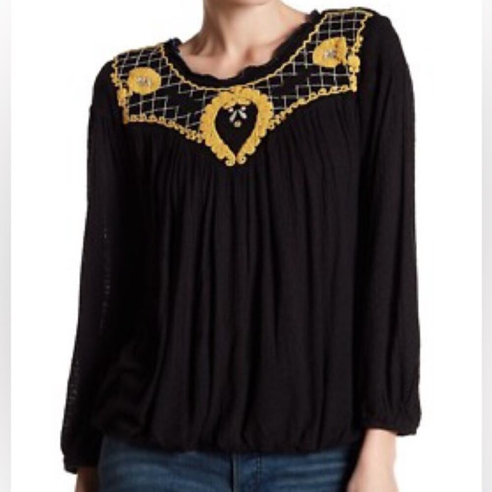Free People Begonia Embroidered Peasant Blouse Black Yellow Women’s Long Sleeve